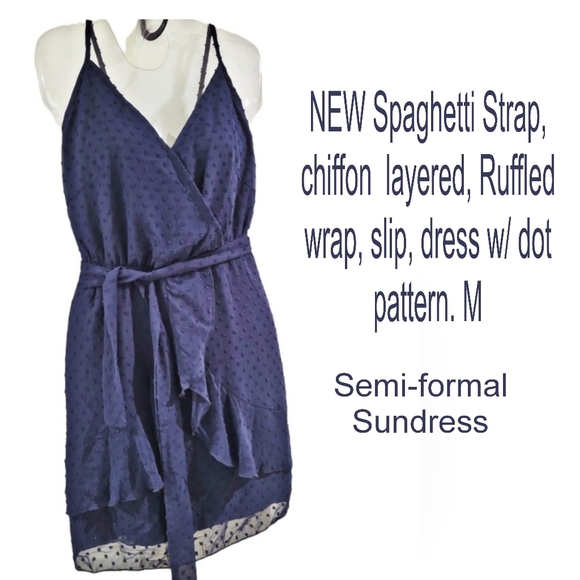 Simple Feather Boutique Dresses & Skirts - NEW Spaghetti strap chiffon  layered Ruffle wrap slip dress w/ dot pattern. M